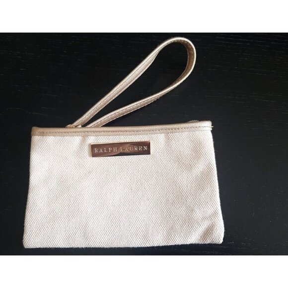 Ralph Lauren Canvas beige Gold Cosmetic Wristlet Wallet - Picture 1 of 4